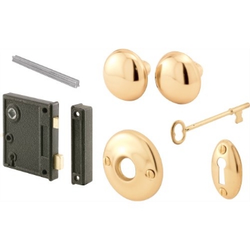 Picture of Prime E 2437 Prime-Line E 2437 Vertical Trim Vintage Lock Set – Cast Steel, Brass Plated Knobs, Antique Skeleton Key Lock System – 2-1/2” Backset, Surface Mounted, Right-Hand Swing-In Interior Doors (Single Pack) (EA)