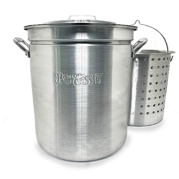 Picture of Bayou Classic 4060 Bayou Classic 4060 60-qt Aluminum Stockpot w/Basket Features Domed Vented Lid Heavy Riveted Handles Perforated Aluminum Basket Perfect For Boiling Steaming and Canning (EA)