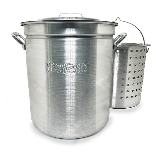 Picture of Bayou Classic 4060 Bayou Classic 4060 60-qt Aluminum Stockpot w/Basket Features Domed Vented Lid Heavy Riveted Handles Perforated Aluminum Basket Perfect For Boiling Steaming and Canning (EA)