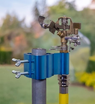 Picture of DRAMM CORPORATION 10-15205 Post-Mount Sprinkler with Brass Impulse Head – Adjustable Watering Patterns, Covers up to 70 Feet, Mounts on T-Post, U-Post, or Round Post up to 1.5 Inches in Diamater, Metallic Blue (EA)