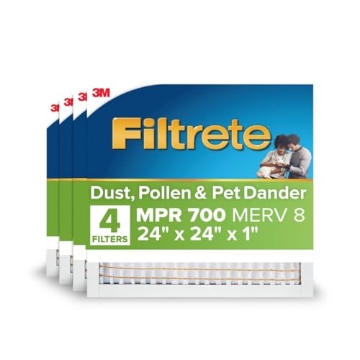 Picture of Filtrete 712-4 Filtrete 24x24x1 AC Furnace Air Filter, MPR 700, MERV 8, Tough on Pollen, Easy on Airflow, 3-Month Pleated 1-Inch Electrostatic Air Cleaning Filter, 4-Pack (Actual Size 23.81 x 23.81 x 0.81 in) (PK-4-EA)
