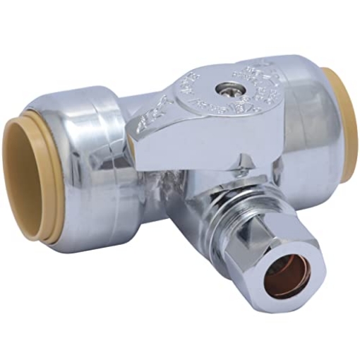 Picture of Shark Industries Ltd 24986A SharkBite 3/4 x 3/4 x 3/8 Inch Compression Tee Stop Valve, Push to Connect Brass Plumbing Fitting, PEX Pipe, Copper, CPVC, PE-RT, HDPE, 24986A (EA)