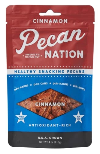 Picture of LEE POPE PECANS LLC PNCN4.8 Pecan Nation Cinnamon Flavored Roasted Pecan Halves 4 oz., Natural, No preservatives, Antioxidant-Rich, Non-GMO, Healthy Nut Power Snack for Adults and Kids (PK-8-EA)