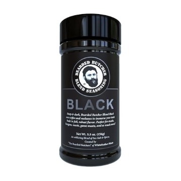 Picture of WHITEFEATHER MEATS LLC BB-0041 Bearded Butchers Black Blend Seasoning, 5.5 oz Shaker – Coffee & Molasses Flavor for Steaks, Burgers, Brisket, Roasts, Game Meats – Gluten-Free, No MSG, Low Calorie, Rich, Versatile Seasoning (EA)