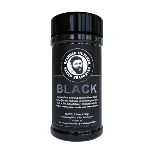 Picture of WHITEFEATHER MEATS LLC BB-0041 Bearded Butchers Black Blend Seasoning, 5.5 oz Shaker – Coffee & Molasses Flavor for Steaks, Burgers, Brisket, Roasts, Game Meats – Gluten-Free, No MSG, Low Calorie, Rich, Versatile Seasoning (EA)