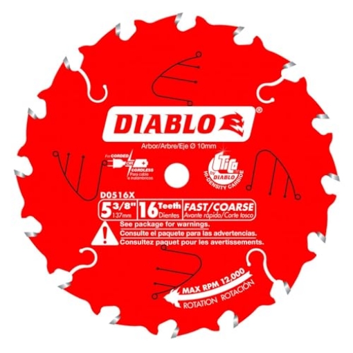 Picture of Diablo D0516X Diablo Fast Framing Trim Saw Blade for Wood - 5-3/8" Diameter, 16 ATB Teeth, 10mm Arbor, .049" Kerf, 18� Hook Angle, .039" Plate, 12000 Max RPM - D0516X (EA)