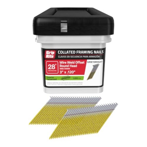 Picture of Grip On GRW10RHGH1 Grip Rite Prime Guard GRW10RHGH1 28 degree Wire Weld Offset Round Head Exterior Galvanized Collated Framing Nails, 3" x 0.120" (EA)