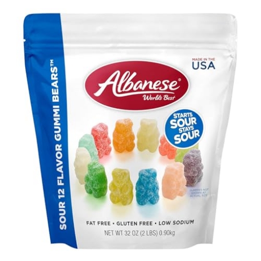 Picture of ALBANESE 53338 Albanese World's Best Sour 12 Flavor Gummi Bears | 32oz Bag of Candy | 12 Unique Super Sour Flavors, Gluten Free, Fat Free, Soft and Chewy Gummy Bears | Perfect Travel Snack (EA)