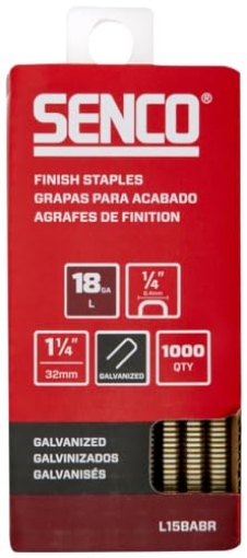 Picture of SENCO FASTENING SYSTEMS L15BABR SENCO L15BABR 1-1/4" 18 Gauge 1/4" Crown Finish Staples, Galvanized Finish 1,000 Count Pack (EA)