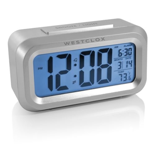 Picture of WESTCLOX(R) 70045A Westclox Alarm Clock with Large Digital Display and Blue Backlight on Demand, Westclox Alarm Clock, Month/Date and Temperature Display with Ascending 5 Minute Snooze Alarm, Silver (EA)