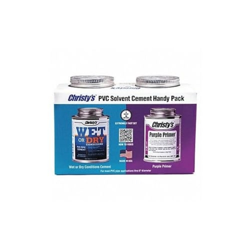 Picture of Christmas Time 505226 Christy's Handy Pack: Wet Or Dry Conditions Medium Body PVC Cement and Purple Primer, 1/2 Pint (8 fl oz), Aqua Blue (EA)