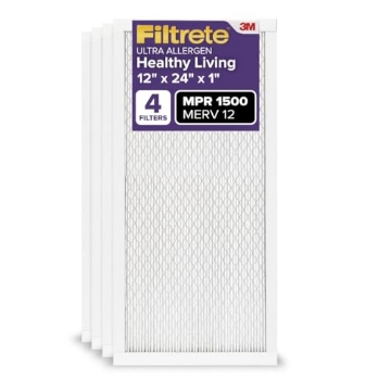 Picture of Filtrete 2020-4 Filtrete 12x24x1 AC Furnace Air Filter, MERV 12, MPR 1500, CERTIFIED asthma & allergy friendly, 3 Month Pleated 1-Inch Electrostatic Air Cleaning Filter, 4-Pack (Actual Size 11.69 x 23.69 x 0.78 in) (PK-4-EA)