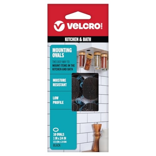 Picture of VEK 91000 VELCRO Brand Kitchen and Bath Mounting Ovals. Moisture Resistant Thin Design for Flush Mount, Easy Peel and Stick Application, 1in x 3/4in Ovals, 10 Sets, Black (EA)