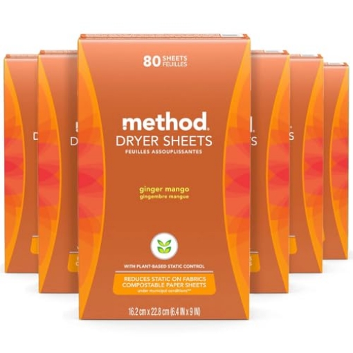 Picture of Method Products, Inc 318049 Method Dryer Sheets, Ginger Mango, Fabric Softener and Static Reducer, Compostable and Laundry Essentials, 80 Count (Pack of 6) (CT-6-EA)