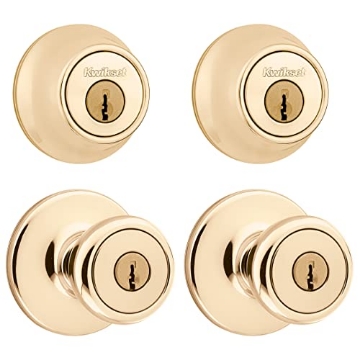 Picture of Kwikset 92420-031 Kwikset 242 Tylo Entry Knob and Single Cylinder Deadbolt Project Pack in Polished Brass (EA)