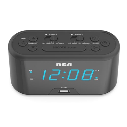 Picture of VOXX Electronics RC571 RCA RC571 Digital Alarm Clock Radio with Large Numbers and USB Charging, LED Display, Brightness Display, FM Radio with Presets, Dual Wake, Sleep Timer and Snooze Functions, Black (EA)