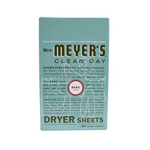Picture of Mrs Meyers 14448 MRS. MEYER'S CLEAN DAY Dryer Sheets, Fabric Softener, Reduces Static, Infused with Essential Oils, Basil, 80 Count (EA)