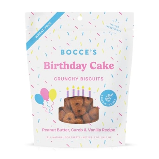 Picture of Bocce's Bakery BCB-A20110 Bocce's Bakery Birthday Cake Treats for Dogs - Special Edition Wheat-Free Dog Treats, Made with Real Ingredients, Baked in The USA, All-Natural Peanut Butter Vanilla Biscuits, 5 oz (EA)