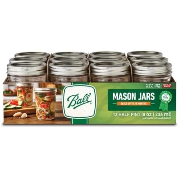 Picture of BALL BOUNCE AND SPORT INC 1440081200 Ball Glass Mason Jar with Lids and Bands, Regular Mouth, Half Pint Size, 8 OZ (12 Pack) (EA)