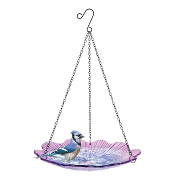 Picture of NATURES WAY BIRD PRODUCTS LLC RPBB11-VB EcoCycle 11" Recycled Glass Hanging Combination Bird Feeder and Bath for Wild Birds and Outdoor Décor, 0.625 Quart Capacity, Violet Begonia Floral Design, Hanging Chains Included (EA)