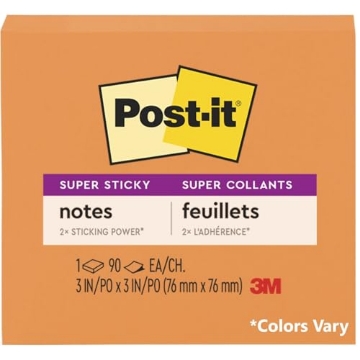 Picture of Post-it 654-SSPK Post-it Super Sticky Notes, 2X Sticking Power, Colors Vary, 3 x 3-Inches, Assorted Bright Colors, 1-Pad (EA)