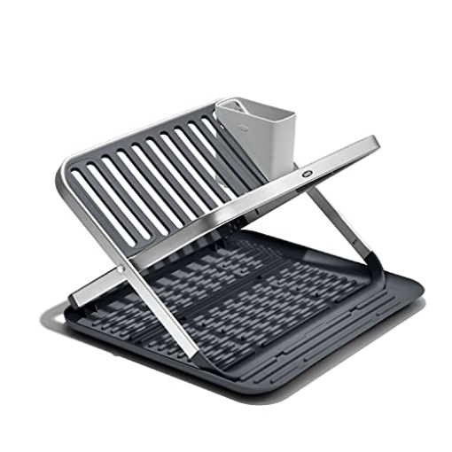 Picture of OXO 13322800 OXO Good Grips Aluminum Fold Flat Dish Drying Rack, 2-Tier, with Drainboard, for Kitchen Counter, Collapsible (EA)