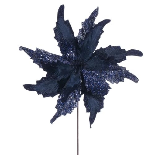 Picture of Vickerman RG242531 Vickerman 18" x 20" Midnight Blue Grand Velvet Poinsettia Stem. It Includes Two Pieces per Bag. (EA)