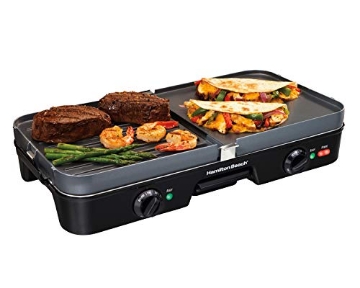 Picture of Hamilton Buhl 38546 Hamilton Beach 3-in-1 Electric Indoor Grill + Griddle, 8-Serving, Reversible Nonstick Plates, 2 Cooking Zones with Adjustable Temperature (38546), Black (EA)