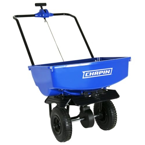 Picture of Chapin 8003A Chapin 8003A: 65-Pound Made in The USA Residential Salt and Ice Melt Walk Behind Spreader, Rear and Side Baffles, 9" Tires, U-Shaped Flip-up Handle, Steel Frame, Enclosed Gear Box, Blue (EA)