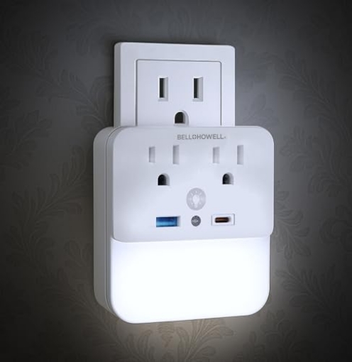 Picture of BELL+HOWELL(R) 2987 Light Surge Protector Outlet with USB Ports, Direct Wall Plug-in Night Light Lamp with 2 AC Outlets, 2 USB Ports, Safe Fireproof Power Station Outlet Extender with Dusk to Dawn Sensor, Smart Charging (EA)