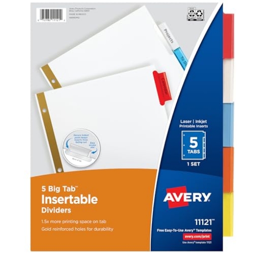 Picture of AVERY PROD 11121 Avery 5-Tab Binder Dividers, Insertable Multicolor Big Tabs, 1 Set (11121) (ST-5-EA)