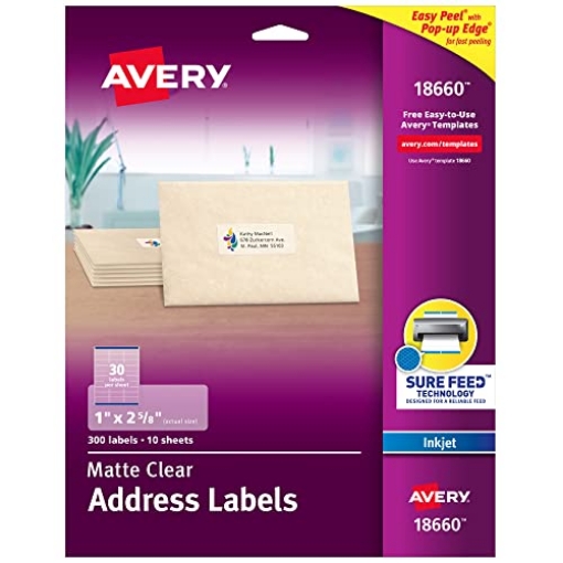Picture of AVERY PROD 18660 Avery Printable Address Labels with Sure Feed, 1" x 2-5/8", Matte Clear, 300 Blank Mailing Labels (18660) (PK-300-EA)