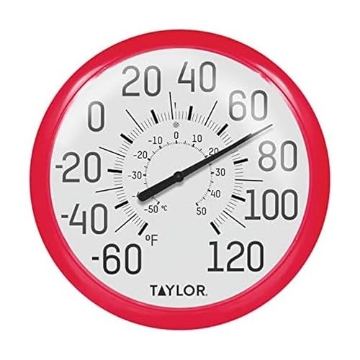 Picture of TAYLOR PRECISION PRODUCTS 6700RD Taylor Big and Bold Wall Dial Thermometer, Indoor Outdoor Thermometer, Wireless Thermometer with Easy to Read Numbers for Patio, Pool, Garage and Indoor Areas, 13.25-inch, Red (EA)