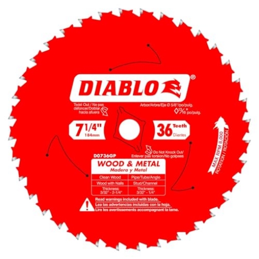 Picture of Diablo D0736GPA Diablo Carbide Saw Blade for Wood and Metal - 7-1/4" Diameter, 36 C-ATB Teeth, 5/8" Arbor, .067" Kerf, 5� Hook Angle, .051" Plate, 8000 Max RPM - D0736GPA (PK-5-EA)