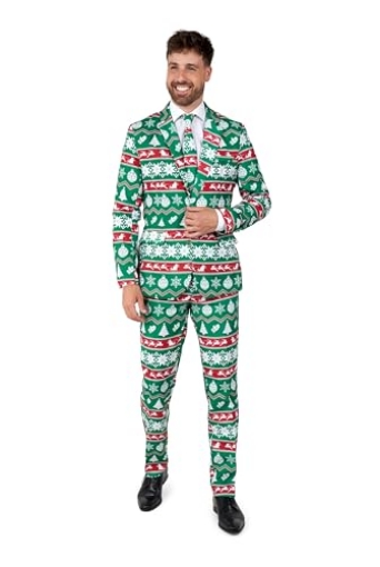 Picture of Unknown  Suitmeister Men's Christmas Suit - Festive Ugly X-Mas Holiday Nordic Print - Red - Green - Includes Blazer, Pants - Tie - Size: M (EA)