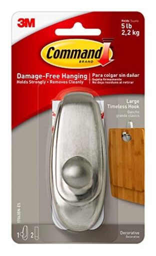 Picture of Command 17063BN-ES Command Large Timeless Hook, Holds up to 5 lb, 1 Wall Hook with 2 Command Strips, Brushed Nickel Color, Organize Damage-Free No Tools Wall Hooks for Hanging Decorations in Living Spaces (EA)