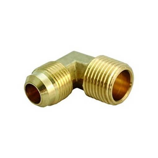 Picture of JMF COMPANY 4506150 JMF 3/8 in. Dia. x 3/4 in. Dia. Flare to MPT to Elbow Yellow Brass Elbow (PK-5-EA)