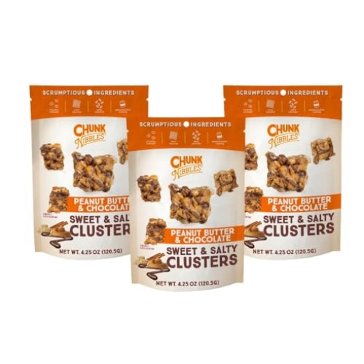 Picture of CHUNK NIBBLES 312826 Chunk Nibbles Peanut Butter Chocolate Snack Clusters - Gourmet Sweet & Salty Treat with Pretzels, Peanuts & Corn Squares - Handcrafted, No Artificial Colors - 4.25oz Resealable Pouch (3 Pack) (EA)