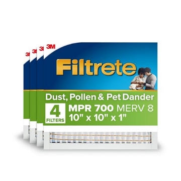 Picture of Filtrete 771-4 Filtrete 10x10x1 AC Furnace Air Filter, MERV 8, MPR 700, Tough on Pollen, Easy on Airflow, 3-Month Pleated 1-Inch Electrostatic Air Cleaning Filter, 4-Pack (Actual Size 9.81 x 9.81 x 0.81 in) (PK-4-EA)