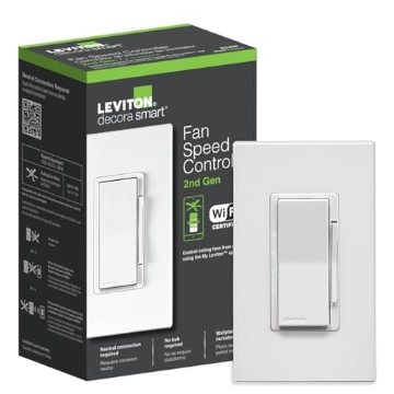 Picture of LEVITON MFG CO INC D24SF-1RW Leviton Decora Smart Fan Speed Controller, Wi-Fi 2nd Gen, Neutral Wire Required, Works with My Leviton, Alexa, Google Assistant, Apple Home/Siri & Wired or Wire-Free 3-Way, D24SF-1RW, White (EA)