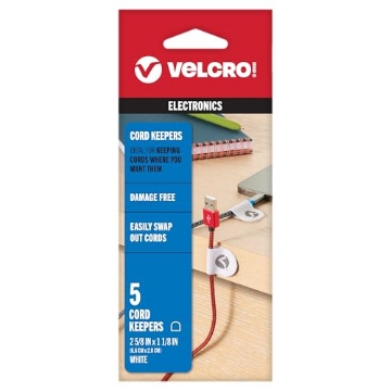 Picture of VEK VEL-30819-USA VELCRO Brand Cord Keepers | Charging Cord Organizer, Cord Holder for Nightstand, Desk | Removable Adhesive Backing | Soft Nylon Cable Clips | 5pk, White (EA)