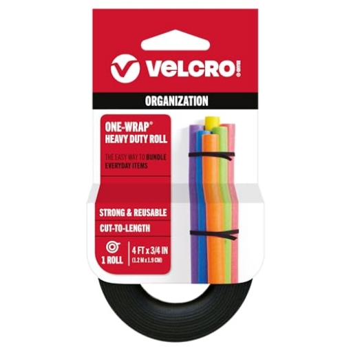 Picture of VEK 90302 VELCRO Brand ONE-WRAP Bundling Ties – Reusable Fasteners for Keeping Cords and Cables Tidy – Cut-to-Length Roll, 4ft x 3/4in, Black (EA)