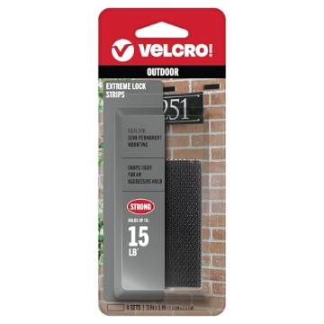 Picture of VEK VEL-30643-USA VELCRO Brand Extreme Lock Mounting Strips with Adhesive. Water and UV Resistant, Holds 15 lbs. 4 sets 3 x 1 Inch, Black. Powerful Attachment for Signage, Electronic Devices Indoors or Outdoors (EA)