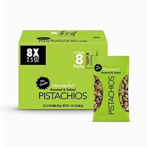 Picture of WONDERFUL PAR070146A25M Wonderful Pistachios No Shells, Roasted and salted Nuts, 2.5 Ounce Bag (Pack of 8), Protein Snack, On-the-Go, Individually Wrapped Healthy Snack (BX-8-EA)