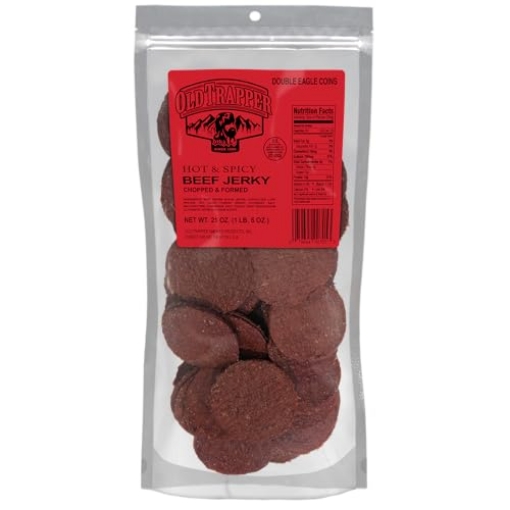 Picture of OLD TRAPPER SMOKED PRODUCTS INC 70508T Old Trapper Double Eagle Beef Jerky, Hot & Spicy Flavor, 21 Ounce Package, Natural Wood Smoked Meat Snacks, 10 Grams of Protein and 80 Calories per Serving (Pack of One) (EA)
