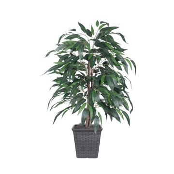 Picture of Vickerman TBU2840-SG Vickerman 4' Artificial Mango Bush, Comes in a Decorative Gray Square Plastic Basket (EA)