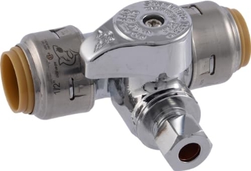 Picture of Shark Industries Ltd UR24983A SharkBite Max 1/2 x 1/2 x 1/4 Inch Compression Tee Stop Valve, Push to Connect Brass Plumbing Fitting, PEX Pipe, Copper, CPVC, PE-RT, HDPE, UR24983A (EA)