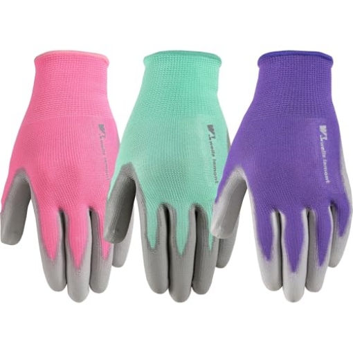 Picture of WELLS LAMONT 413MF Wells Lamont Gardening Gloves for Women – Breathable Polyester, Seamless Fit – PU-Coated Palm for Grip & Durability – Elastic Wrist – Pink/Green/Purple, Medium, Pack of 3 (413MF) (EA)