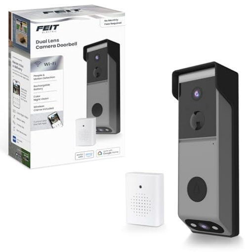 Picture of FEIT ELECTRIC CO CAM2DOORWIFIBAT Feit Electric Smart Wireless Doorbell w/Dual-Lens 1080p HD Camera, 24/7 Local Recording, Night Vision, Voice Assistant, AI Detection for People & Packages, Includes Wireless Chime, CAM2/DOOR/WIFI/BAT (EA)