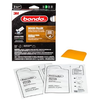 Picture of Bondo WF-2PK-ES bondo Wood Filler Ready Mix Pouches, Contains 2 Wood Filler Pouches 2 oz with 2 Hardners and 1 Spreader, Repairs Chips and Cracks in Wood, Sandable, Paintable, and Stainable (WF-2PK-ES) (EA)